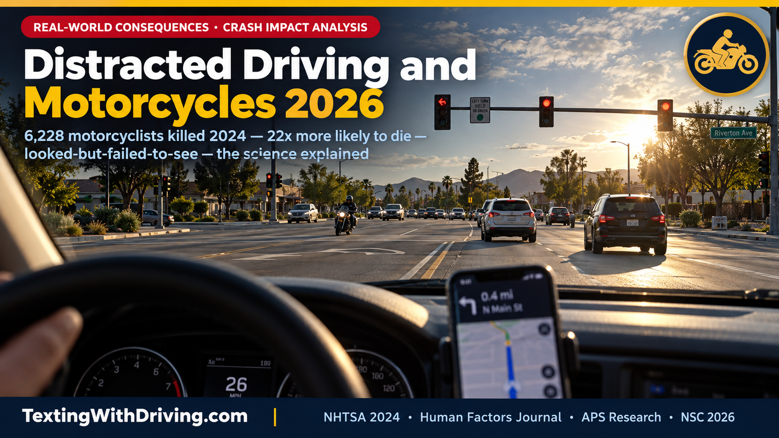 Distracted Driving and Motorcycles 2026: Why Riders Face the Highest Failure-to-Detect Risk 1 Distracted driving and motorcycles 2026 driver’s perspective windshield view of motorcycle at intersection with phone partially visible showing NHTSA 2024 data that 6228 motorcyclists were killed representing 16 percent of all traffic fatalities despite motorcycles being only 3 percent of registered vehicles and motorcyclists being 22 times more likely to die in a crash than car occupants with failure of motorists to detect and recognize motorcycles in traffic being the predominating cause of motorcycle accidents amplified by distracted driving inattentional blindness
