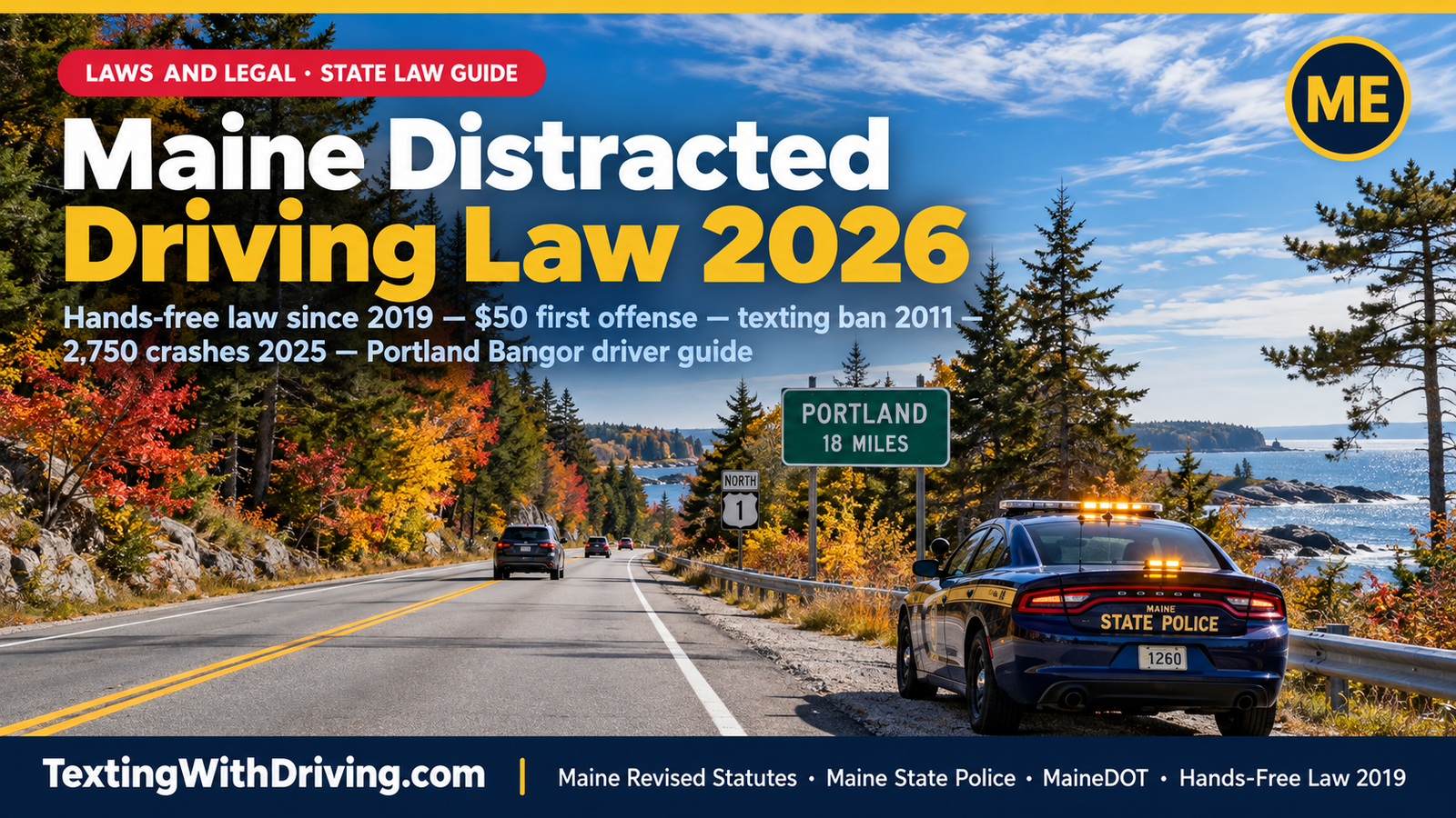 Maine Distracted Driving Law 2026: Hands-Free Since 2019, Texting Ban Since 2011 and What Every Driver Must Know 1 Maine distracted driving law 2026 US Route 1 coastal Maine with Maine State Police cruiser showing Maine comprehensive hands-free law effective September 2019 prohibiting all handheld electronic device use while driving with 50 dollar first offense and 250 dollar subsequent fine as primary enforcement building on Maine texting ban enacted 2011 with MaineDOT reporting 2750 statewide crashes from distracted behavior in 2025 including 294 crashes citing handheld mobile phone as source of driver distraction