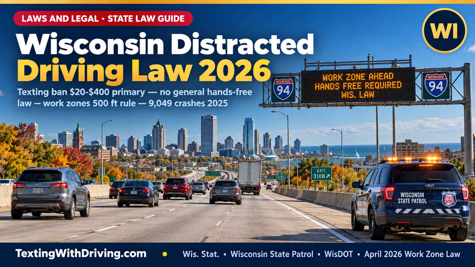 Wisconsin Distracted Driving Law 2026: Texting Ban, No Hands-Free Law and What Every Driver Must Know 1 Wisconsin distracted driving law 2026 I-94 Milwaukee corridor with Wisconsin State Patrol cruiser and overhead message board showing Wisconsin texting ban as primary enforcement with 20 to 400 dollar fine and 4 demerit points under Wis Stat and no comprehensive hands-free law for adult drivers on regular roads but handheld phone use prohibited within 500 feet of work zones utility work areas and emergency response areas with Wisconsin State Patrol reporting 9048 distracted driving crashes in 2025 resulting in 31 fatalities and 3660 injuries