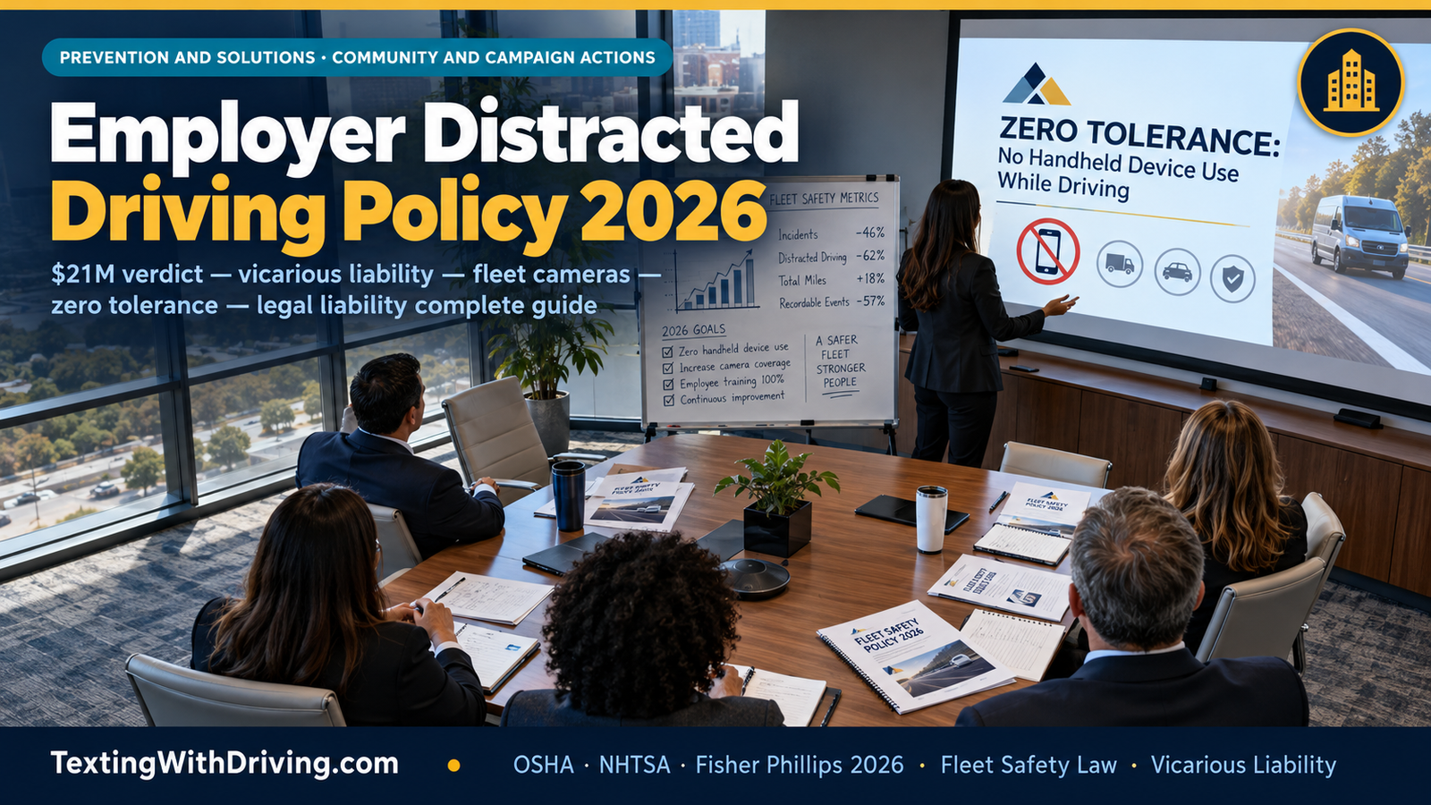 Employer Distracted Driving Policy 2026: Fleet Cameras, Zero Tolerance and Legal Liability Guide 1 Employer distracted driving policy 2026 corporate conference room fleet safety meeting with zero tolerance policy presentation showing 21 million dollar jury verdict against beverage manufacturer for employee distracted driving crash creating vicarious liability exposure and Fisher Phillips 2026 guidance that OSHA considers distracted driving a recognized workplace hazard requiring employer policies with fleet cameras monitoring systems and zero tolerance enforcement with injury crashes costing employers average 150000 dollars and on-the-job fatalities costing over 500000 dollars in direct and liability costs