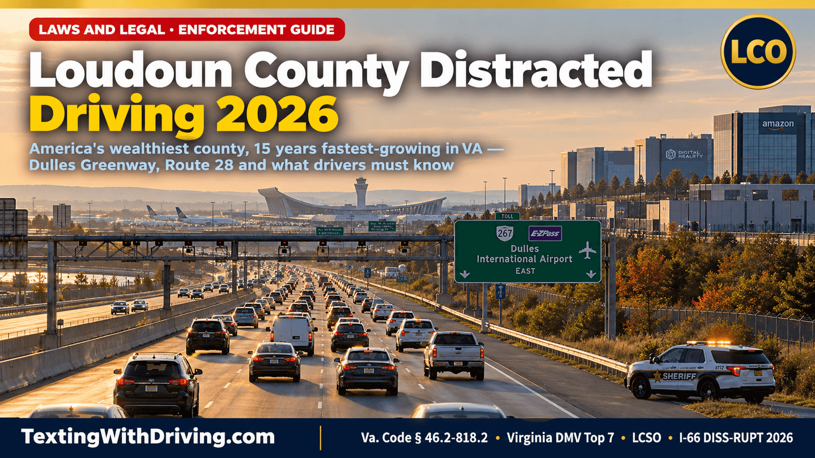 Loudoun County distracted driving 2026 Dulles Greenway Route 267 morning rush hour with tech corridor traffic and Dulles Airport in background and LCSO patrol vehicle showing Loudoun County named in Virginia DMV top 7 highest distracted driving crash jurisdictions with Route 28 carrying 85000 vehicles per day and Loudoun County as America’s wealthiest county with median household income over 140000 and fastest-growing Virginia county for 15 consecutive years