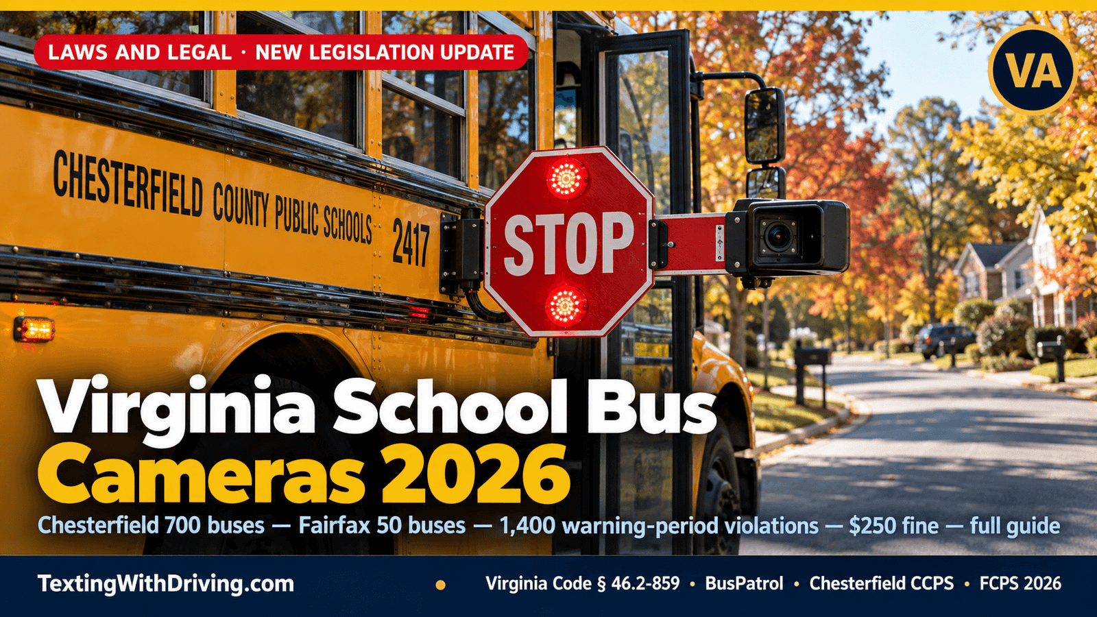 Virginia School Bus Cameras 2026: Chesterfield, Fairfax and the Statewide Stop-Arm Expansion 1 Virginia school bus cameras 2026 Chesterfield County school bus with stop arm extended and BusPatrol AI camera unit visible showing Chesterfield County deploying cameras on fleet of 700 buses with $250 civil penalty for passing while stop arm extended and 1400 violations recorded during 30-day warning period and Fairfax County launching 50 bus camera systems spring 2026 and Culpeper County expanding program August 2026