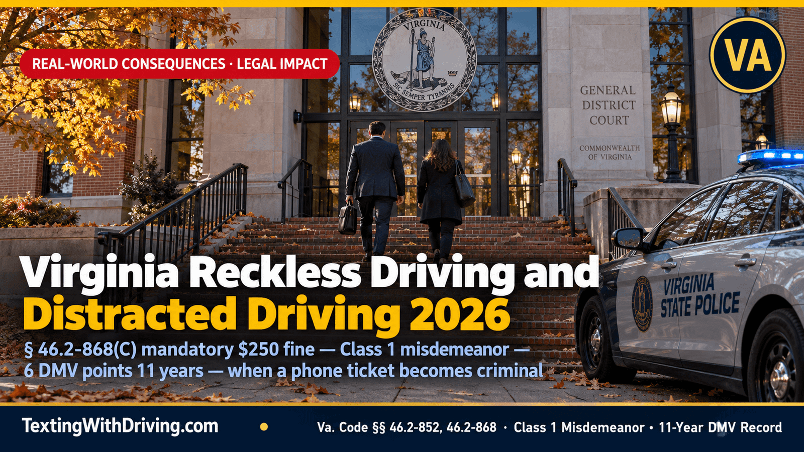 Virginia Reckless Driving and Distracted Driving 2026: When a Phone Ticket Becomes a Criminal Charge 1 Virginia reckless driving distracted driving 2026 district court entrance showing Virginia Code 46.2-868(C) mandatory minimum 250 dollar fine when reckless driving occurs while violating 46.2-818.2 hands-free law with Class 1 misdemeanor up to 2500 fine and 12 months jail and 6 month license suspension and 6 DMV demerit points remaining on record for 11 years same criminal category as DUI and assault and battery in Virginia
