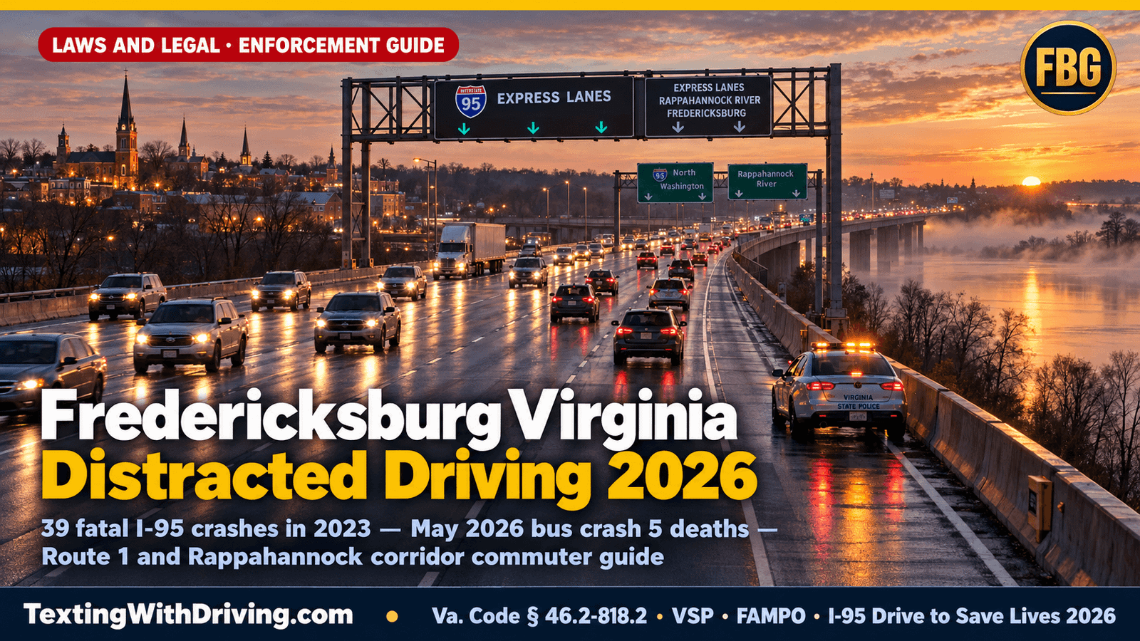 Fredericksburg Virginia distracted driving 2026 I-95 Rappahannock River Bridge at sunrise with northbound commuter traffic and VSP cruiser showing I-95 having 39 fatal traffic crashes in 2023 and May 29 2026 mass casualty bus crash killing 5 including 2 children at Stafford County work zone near mile marker 146 and more than 400 pedestrian and bicyclist crashes in the Fredericksburg region since 2016